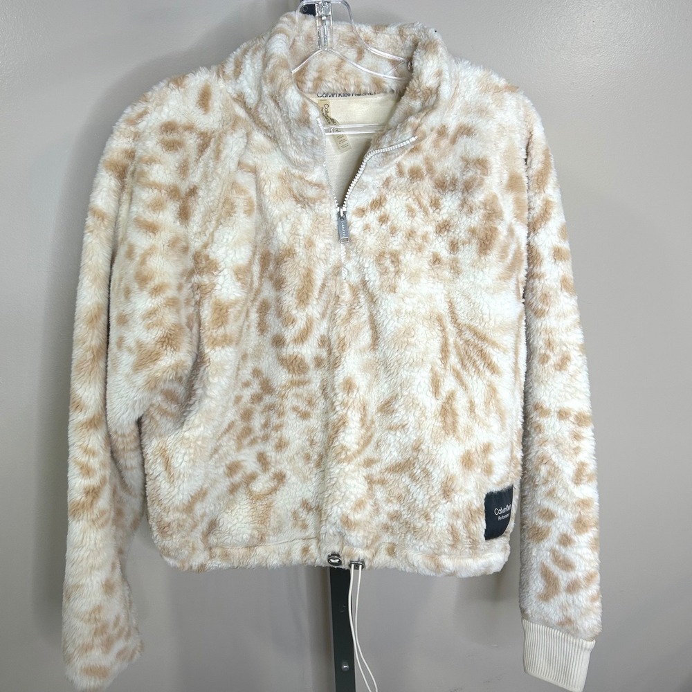 Calvin Klein MEDIUM Performance Leopard Faux Fur Quarter Zip Pullover Tan Cream